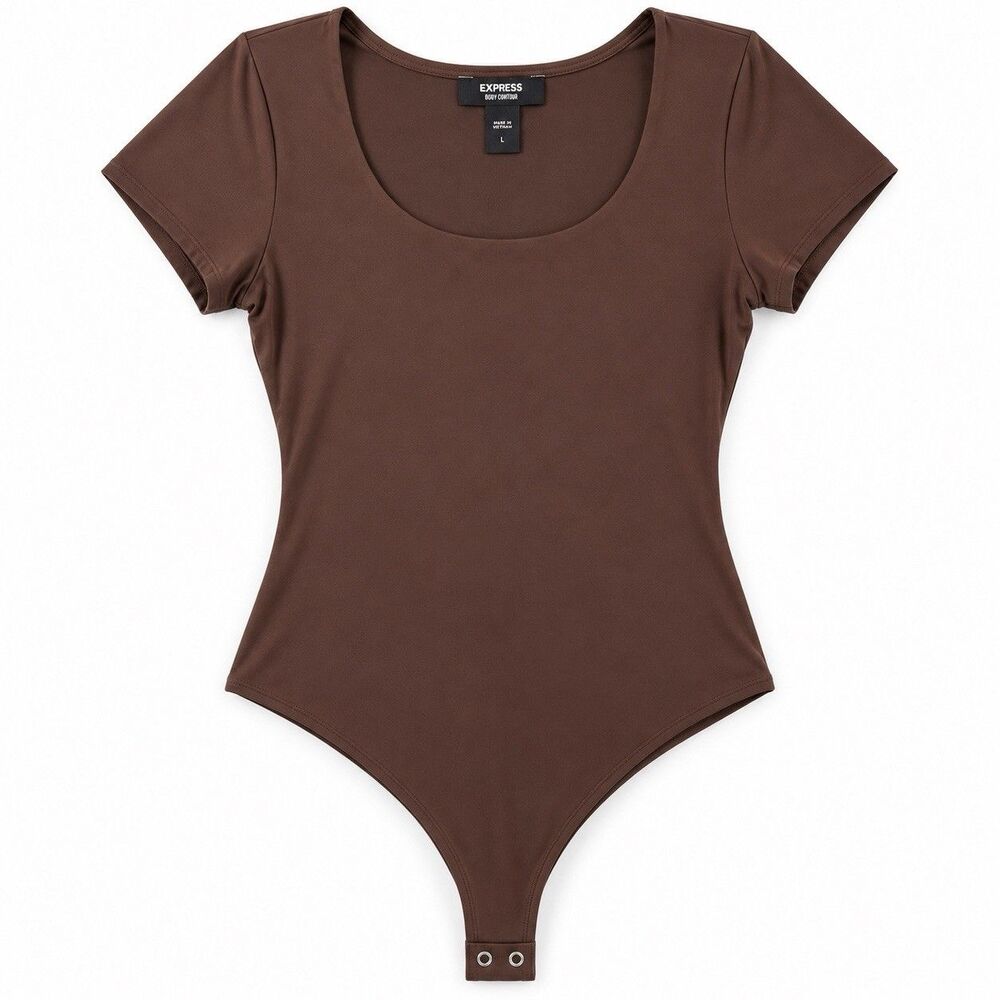 Express Body Contour Women's Brown Scoop Neck Thong Bodysuit Size L NEW
